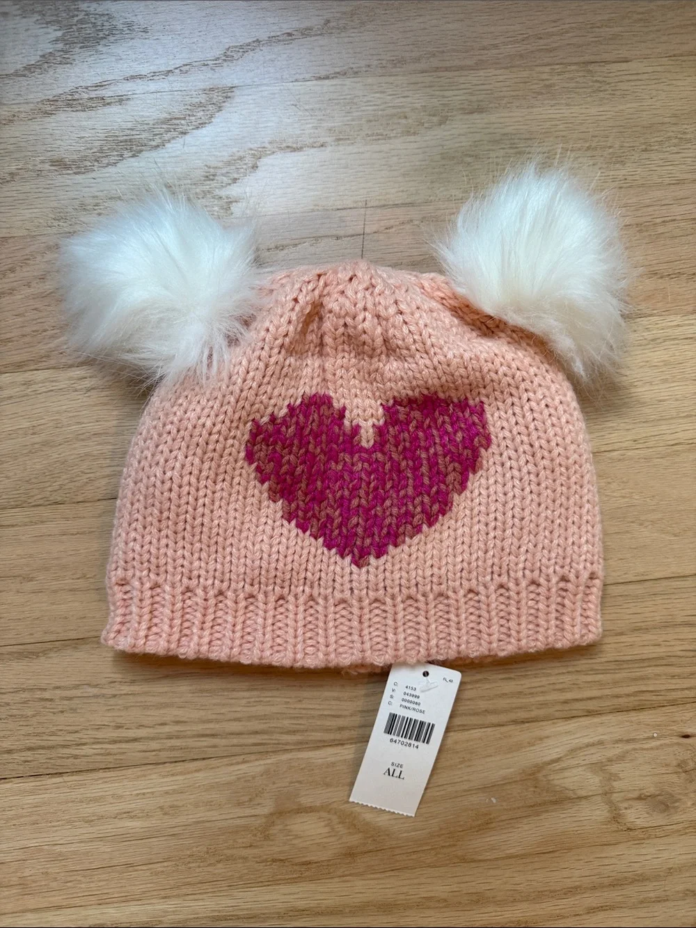 Adorable Maeve Pink Knit Beanie with Magenta Heart and White Pom-Poms